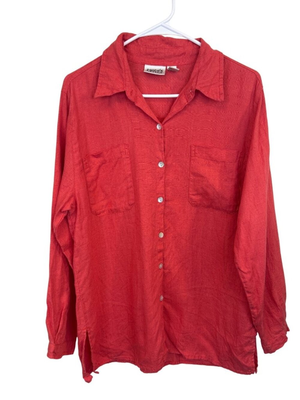 Vintage Chico’s Design Shirt Women's Size 1 Red Orange Long Sleeve 100% Linen